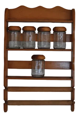 Vintage Wooden Spice Rack with Glass Bottles, Set of 6