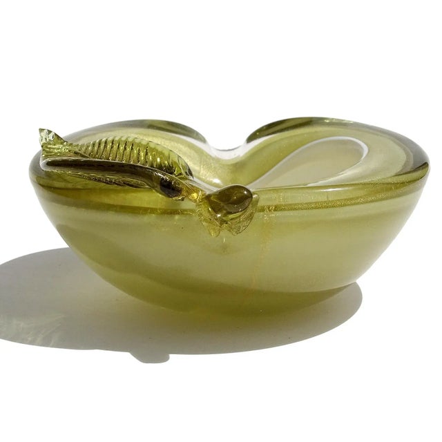 Barbini Vintage Murano Barbini Green Apple Gold Flecks Italian Art Glass Mid Century Decorative Bowl Ashtray For Sale - Image 4 of 6