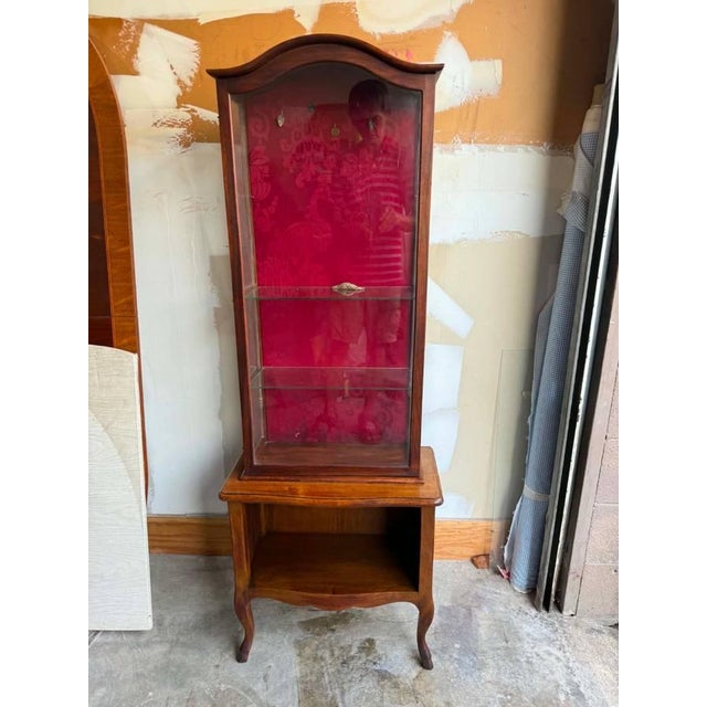 Antique Queen Anne Style 2 part show case curio display cabinet Solid wood frame, glass shelves, red patterned interior...