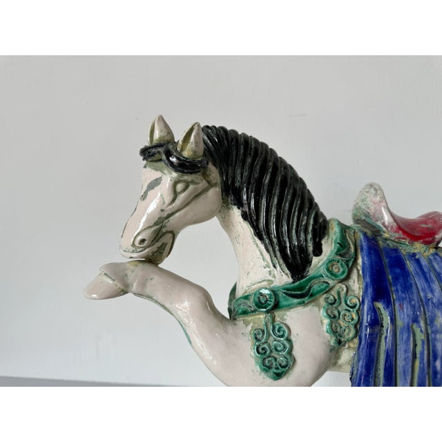 A charming Vintage Chinese ceramic tang dynasty style horse figurine - sculpture. A nice reproduction of the Tang Horse in...