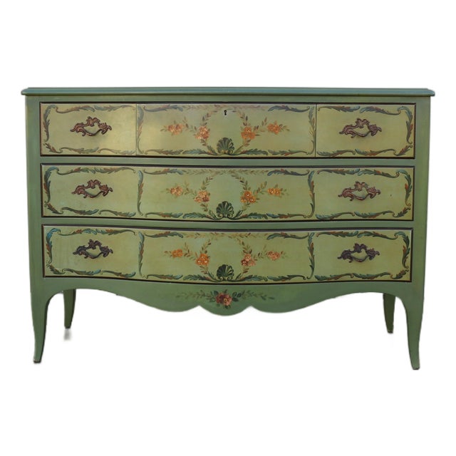 French Provincial Hand-Painted Green Five-Drawer Dresser, Circa 1950s For Sale
