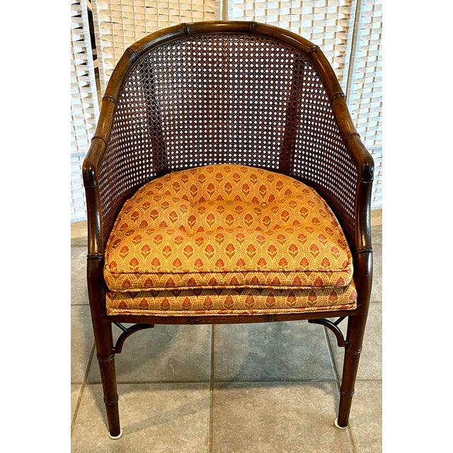 Brown Mid 20th Century Faux Bamboo and Cane Barrel Chairs With Blockprint Upholstery - Set of 4 For Sale - Image 8 of 12