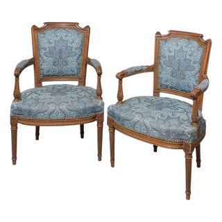 Mid 20th Century Pair of French Louis XVI–Style Walnut Fauteuil Armchairs For Sale