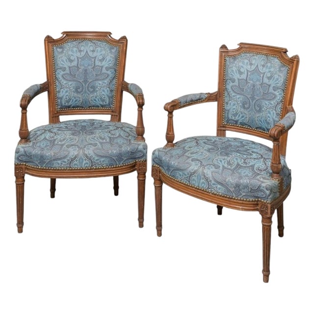Mid 20th Century Pair of French Louis XVI–Style Walnut Fauteuil Armchairs For Sale