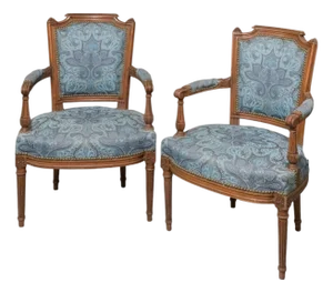 Mid 20th Century Pair of French Louis XVI–Style Walnut Fauteuil Armchairs