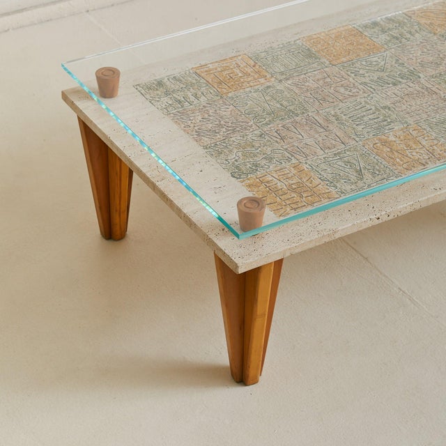 1970s Italian Travertine Coffee Table with Painted Motifs + Glass Top, 1970s For Sale - Image 5 of 7
