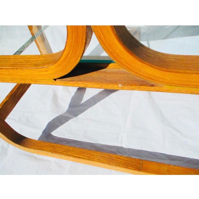 Vintage MCM Mid Century Plycraft Attributed Étagère Oak Glass Wood Shelving Unit Bookcase Display For Sale - Image 11 of 12