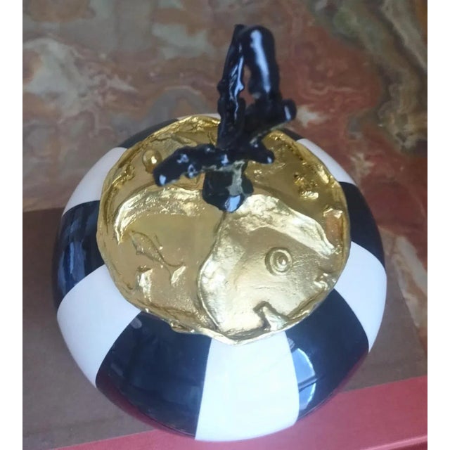 Black Black Coral, Hand-Carved Gold-Plate Black & White Striped Ceramic Box France For Sale - Image 8 of 11