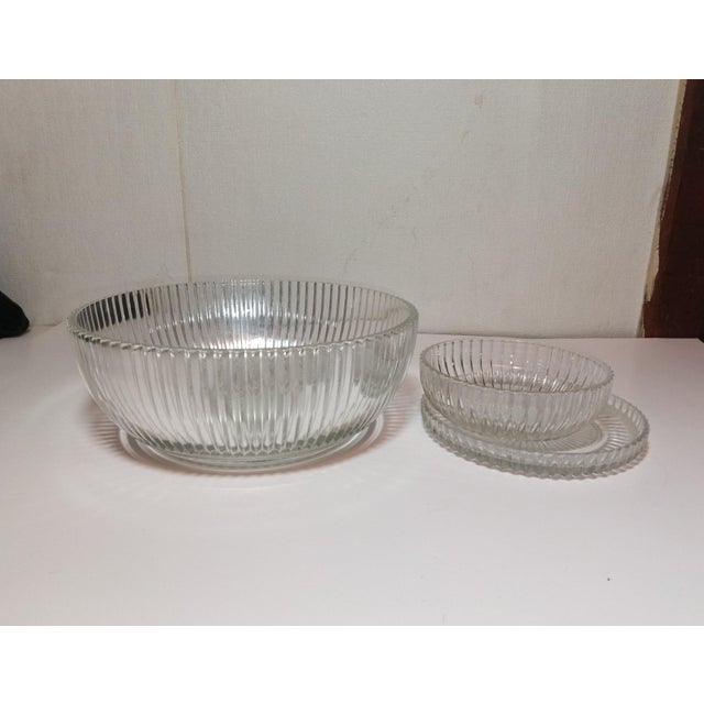 Beautiful vintage 3-piece clear glass tableware set featuring the classic "Queen Mary" pattern produced by Anchor Hocking...