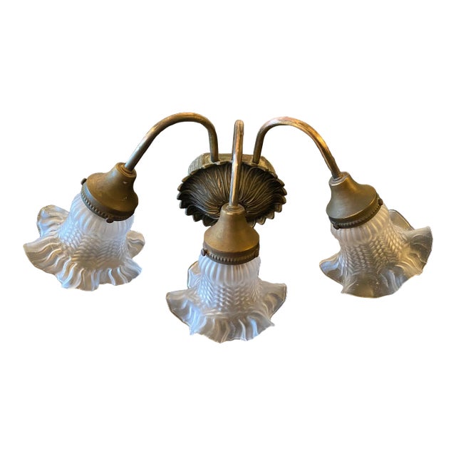 Vintage Cottage Shabby Chic Brass Three Light Wall Sconce With Flower Petal Base For Sale