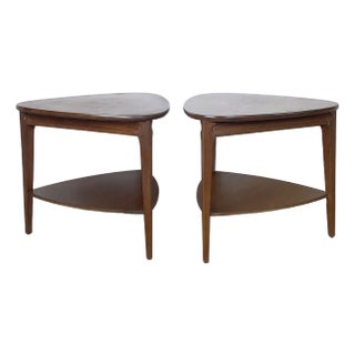 Pair of Walnut-Finish Two-Tier Triangular End Tables, Mid-Century Modern Style For Sale