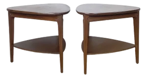 Pair of Walnut-Finish Two-Tier Triangular End Tables, Mid-Century Modern Style