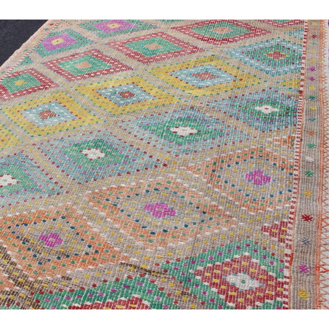 Colorful Turkish Embroidered Kilim Vintage Rug in Diamond Design & Vivid Colors For Sale - Image 9 of 13