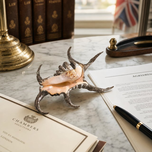 Offering a vintage spider conch shell dipped in silver alloy, circa Late 20th Century. This unique seashell has been...