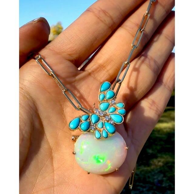 2020s Nina Zhou Turquoise Diamond Butterfly on Opal Convertible Brooch-Pendant (One of a Kind) For Sale - Image 5 of 5