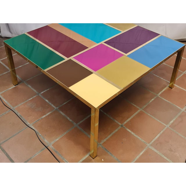 Square coffee table handcrafted in Italy by Justfurnituress, with a colourful patchwork of hand-painted Murano glass...