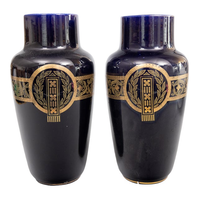 Antique Neoclassical French Sarreguemines Majolica Cobalt Blue & Gilt Vases - A Pair For Sale