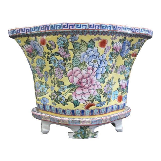 Large Chinese Yellow Flower Porcelain Cache Pot Jardiniere Planter Vase & Stand For Sale