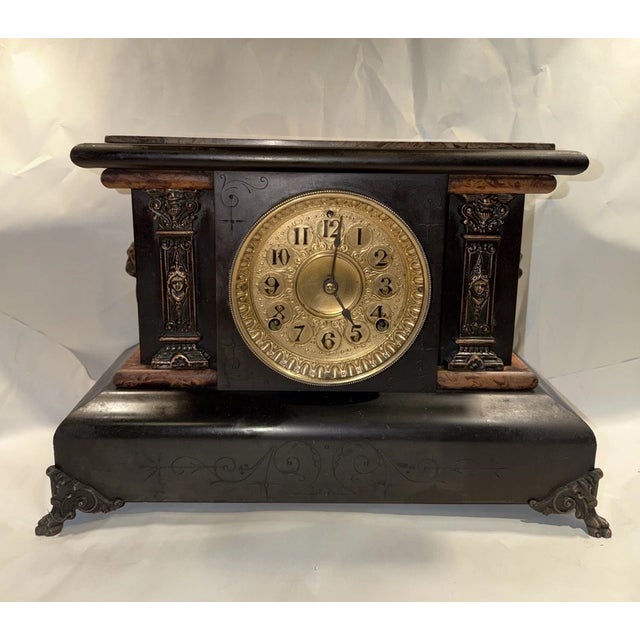 Late 19th Century Seth Thomas Antique Adamantine Black Mantel Clock For Sale - Image 5 of 12