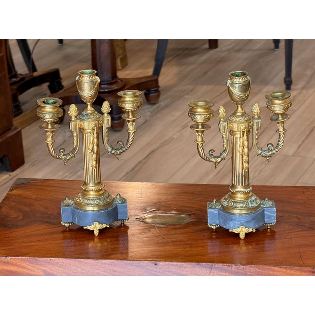 Metal Pair of Mid 19th Century French Gilt Bronze and Marble Two Light Candelabra For Sale - Image 7 of 8