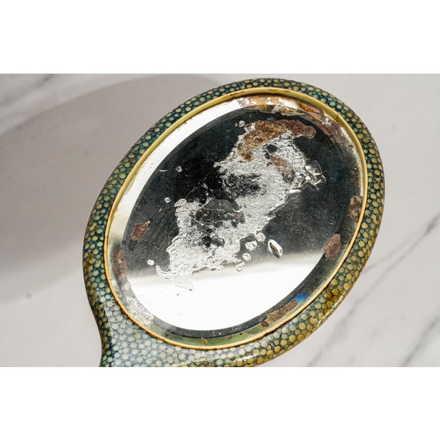 Rare Antique English Shagreen Vanity Set c.1920, Goldsmiths & Silversmiths London, 5-Piece Boxed Dressing Set Brushes Mirror For Sale - Image 9 of 15