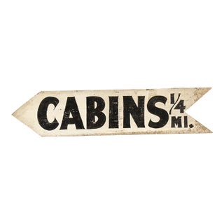 Vintage Painted "Cabins" Roadside Directional Arrow Sign For Sale