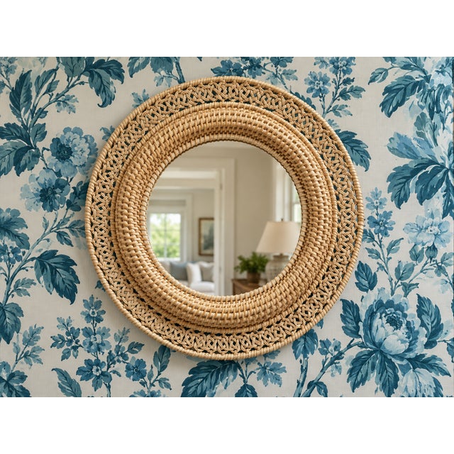 Chinoiserie Vintage Round Handwoven Rattan Mirror With Openwork Knot Motif - 14"diameter Mirror For Sale - Image 3 of 10