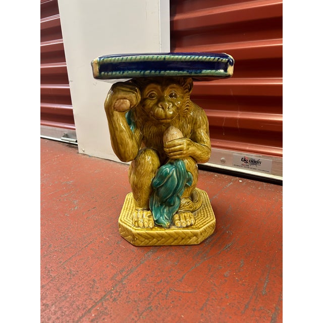 Boho Chic Vintage Majolica Monkey Plant Stand/Garden Stool For Sale - Image 3 of 11