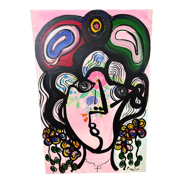 1970s Peter Keil Original Abstract Woman With Flowers Canvas Painting For Sale
