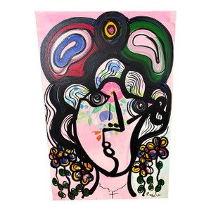 1970s Peter Keil Original Abstract Woman With Flowers Canvas Painting
