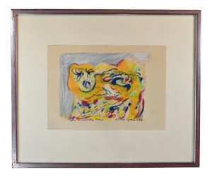 1980s Danish Abstract Colorful Dog Drawing, Framed