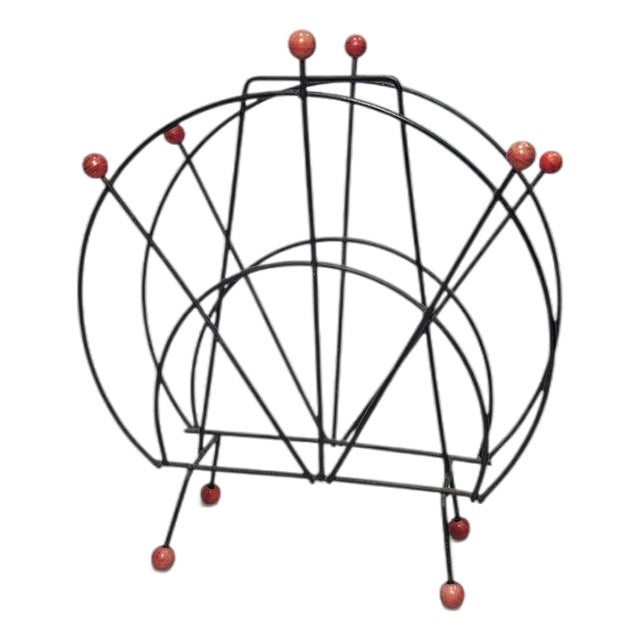 1950s Atomic Magazine Rack in Steel + Wood For Sale