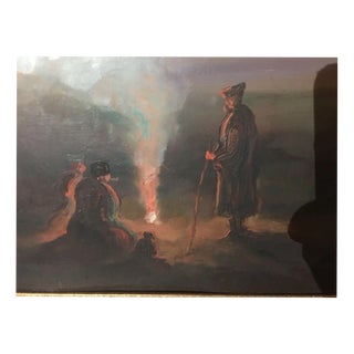 Unknown Evening in the Puszta Campfire Horses Mood Picture, 1890s, Oil Painting on Board For Sale