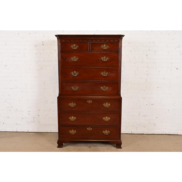 1980s Baker Furniture Georgian Carved Mahogany Eight-Drawer Highboy Dresser For Sale - Image 13 of 13
