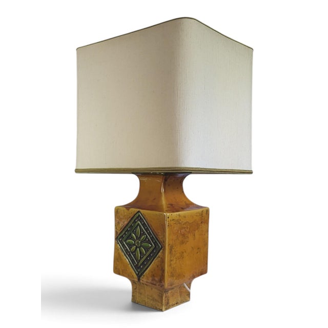 Mustard Yellow Glazed Ceramic Lamp with Floral Diamond Pattern, Vallauris, France, 1960s For Sale - Image 10 of 13