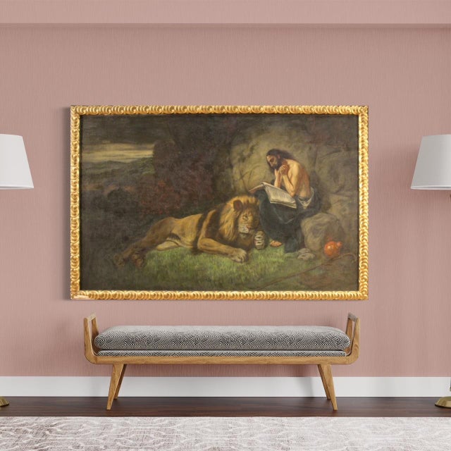 Italian Artist, Saint Jerome with Lion, 1950, Mixed Media, Framed For Sale - Image 3 of 16