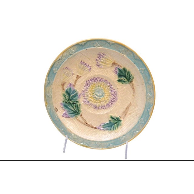 Beautiful 19th Century Majolica Plates with Raised Floral Motif. Plates Measure 8 7/8". Total weight 6 lbs.