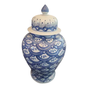 Blue and White Scalloped Apothecary Temple Jar