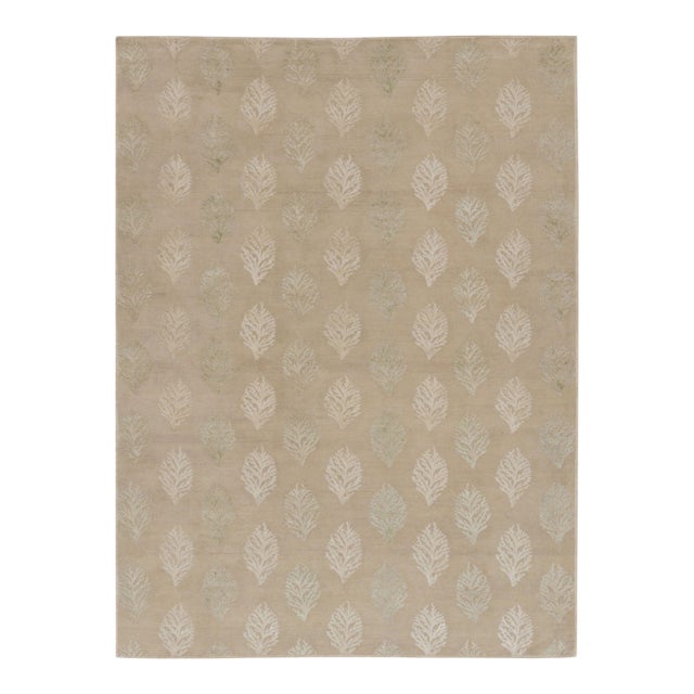 Rug & Kilim’s Block Print Rug With Sage and Ivory Leaf Florals For Sale