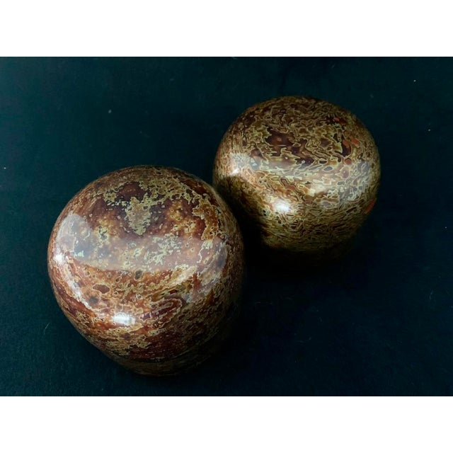 Traditional Vintage Burmese Lacquerware Nesting Cups Bowls Pair Weathered Red Patina 4" For Sale - Image 3 of 6