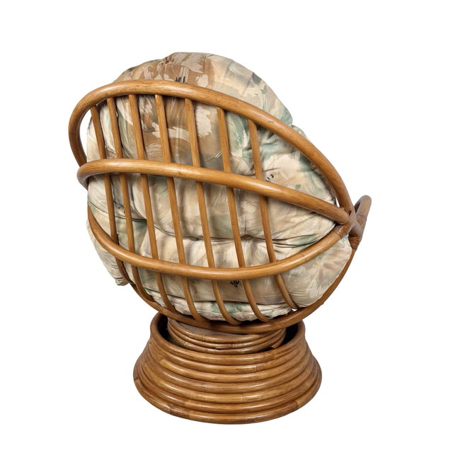 Vintage Rattan Swivel Rocker Lounge Chair With Tufted Floral Cushions For Sale - Image 15 of 15