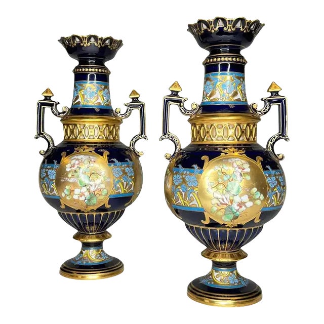Pair Floral Painted and Gilded Porcelain Vases by Fischer and Meig Circa 1880s For Sale