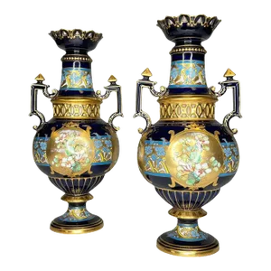 Pair Floral Painted and Gilded Porcelain Vases by Fischer and Meig Circa 1880s