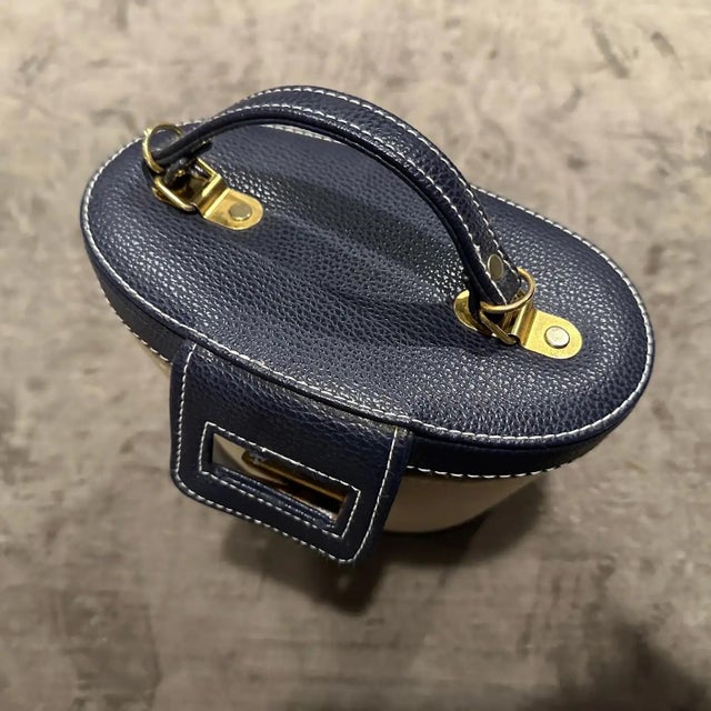 Modern 1960s Vintage Blue Leather Bamboo and Brass Italian Top Handle Bag For Sale - Image 3 of 14