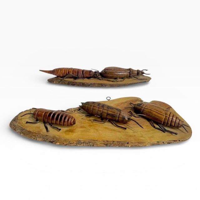 French Provincial Set of 2 Vintage French Provincial Hand Carved Wood Folk Tramp Art Bugs Insect For Sale - Image 3 of 18