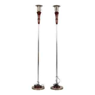 Art Deco Style Chrome & Wood Torchiere Lamps, Pair For Sale