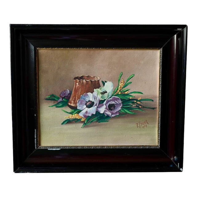 P. Fruet, Anemones and Mimosa, 1920s, Oil on Canvas, Framed For Sale