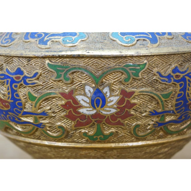 Antique Japanese Bronze Champleve Cloisonne Enamel Dragon Mantel Vase Urn 12" For Sale - Image 15 of 17