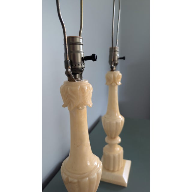 Vintage Alabaster Table Lamps Italian Neoclassical Style With Acanthus Carving - Pair For Sale - Image 13 of 14