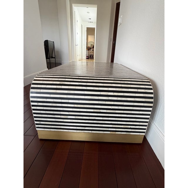 Brass Indian Bone Inlay Coffee Table With Brass Accents – 52” Modern Sculptural Form For Sale - Image 8 of 8